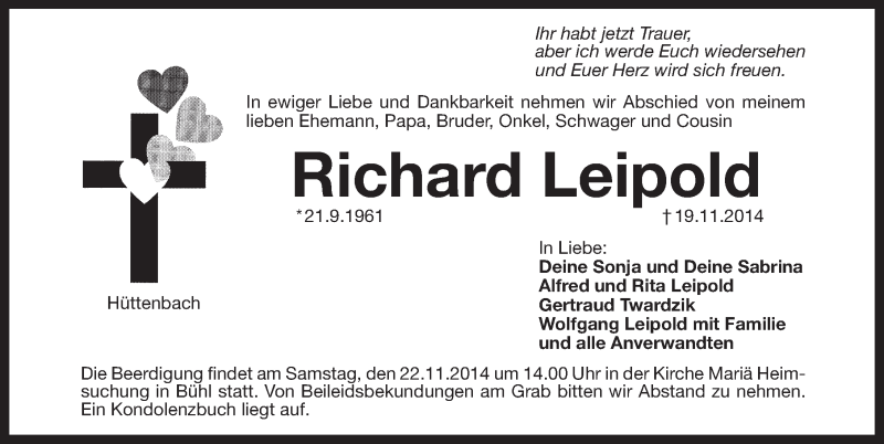  Traueranzeige für Richard Leipold vom 21.11.2014 aus Pegnitz-Zeitung